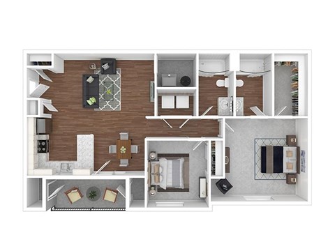 A top-down view of a house layout with a kitchen, living room, and bathroom.